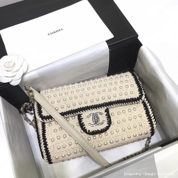 chanel pearl knitwear classic flap bag white