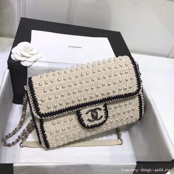 chanel pearl knitwear classic flap bag white