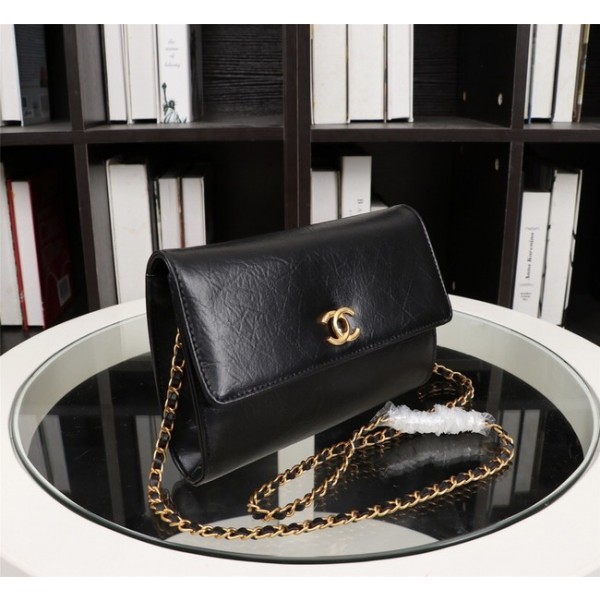 New Cheap Chanel A32258 Black Grain Leather Flap Bag gold