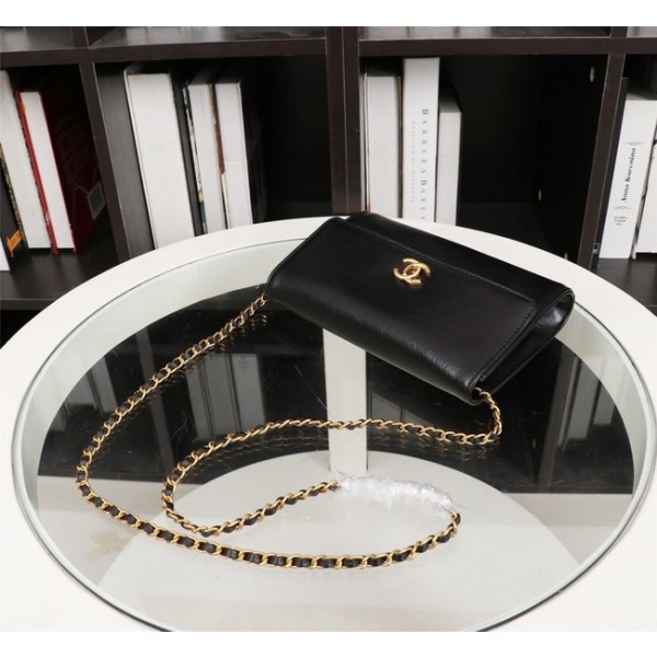 New Cheap Chanel A32258 Black Grain Leather Flap Bag gold