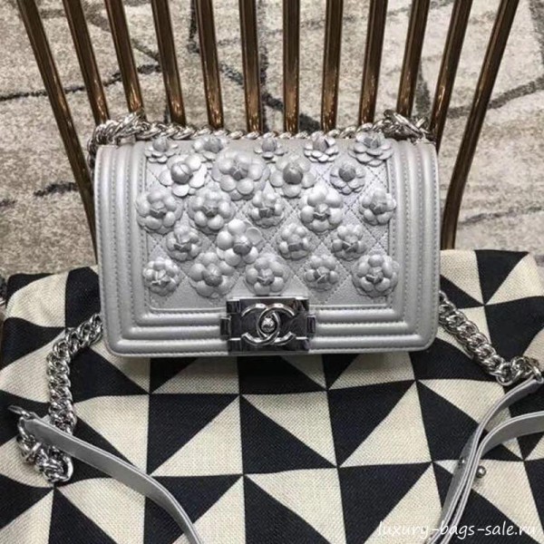 Chanel Camellia Small Boy Flap Bag A67085 Silver 2019 Collection