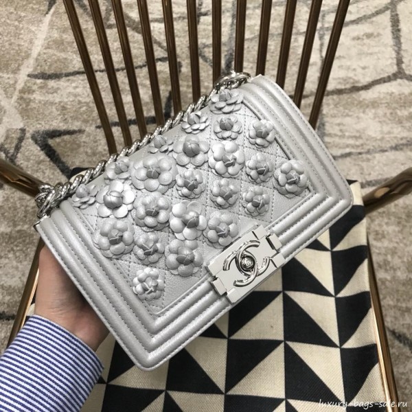 Chanel Camellia Small Boy Flap Bag A67085 Silver 2019 Collection