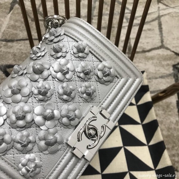 Chanel Camellia Small Boy Flap Bag A67085 Silver 2019 Collection