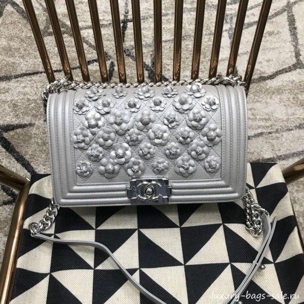 Chanel Camellia Large Boy Flap Bag A67085 Silver 2019 Collection