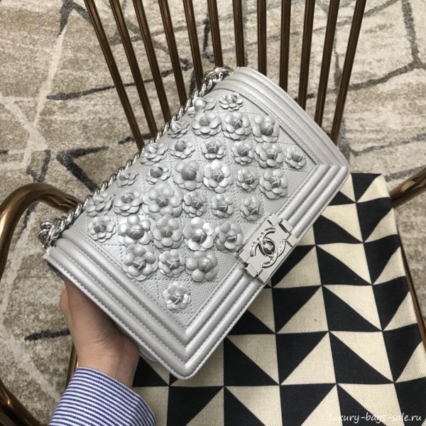 Chanel Camellia Large Boy Flap Bag A67085 Silver 2019 Collection