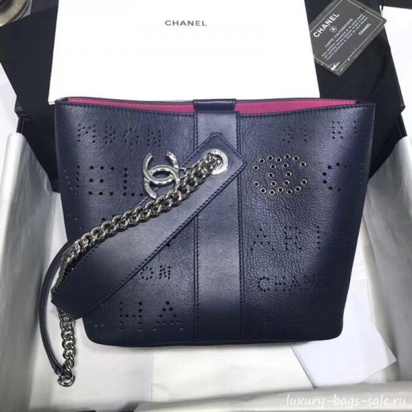 Chanel Eyelet Calfskin Drawstring Bucket Bag AS0304 Blue 2019 Collection