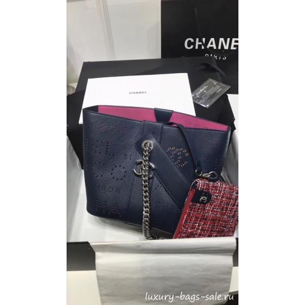 Chanel Eyelet Calfskin Drawstring Bucket Bag AS0304 Blue 2019 Collection