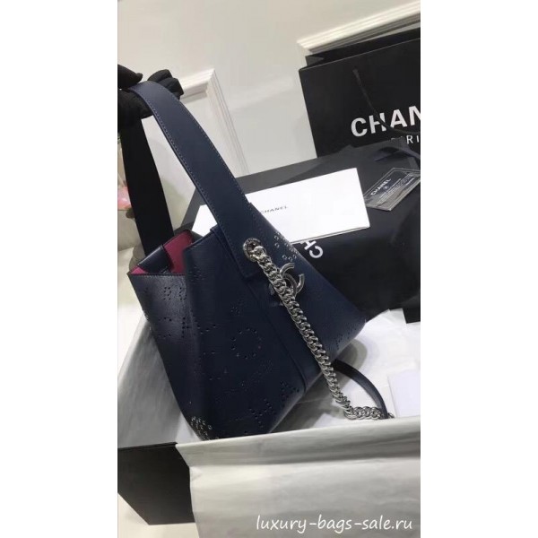 Chanel Eyelet Calfskin Drawstring Bucket Bag AS0304 Blue 2019 Collection