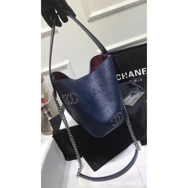Chanel Eyelet Calfskin Drawstring Bucket Bag AS0304 Blue 2019 Collection