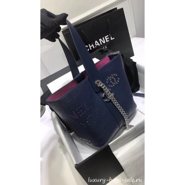 Chanel Eyelet Calfskin Drawstring Bucket Bag AS0304 Blue 2019 Collection