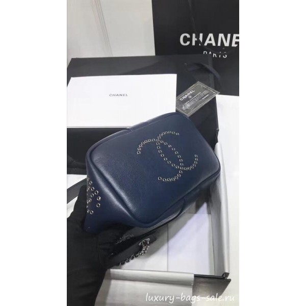 Chanel Eyelet Calfskin Drawstring Bucket Bag AS0304 Blue 2019 Collection