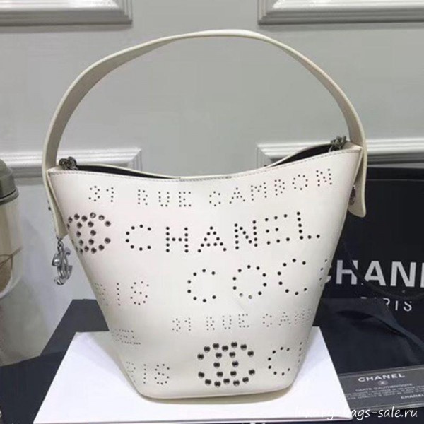 Chanel Eyelet Calfskin Drawstring Bucket Bag AS0304 White 2019 Collection