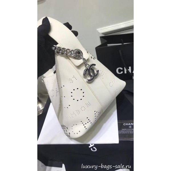 Chanel Eyelet Calfskin Drawstring Bucket Bag AS0304 White 2019 Collection