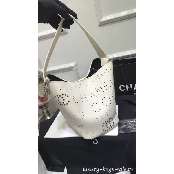 Chanel Eyelet Calfskin Drawstring Bucket Bag AS0304 White 2019 Collection
