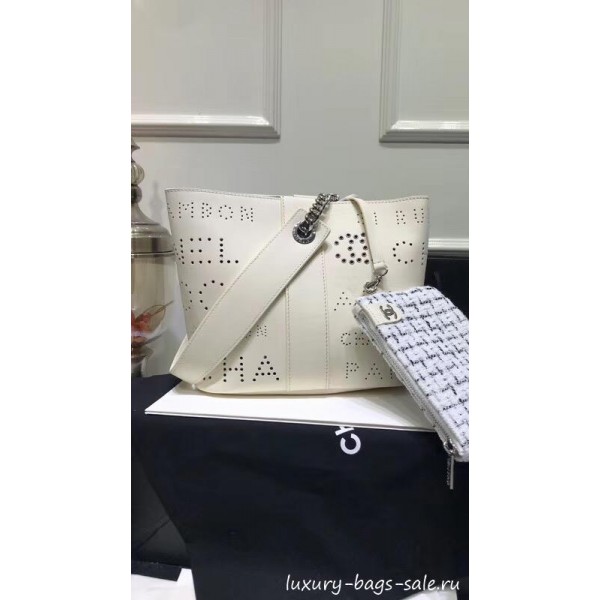 Chanel Eyelet Calfskin Drawstring Bucket Bag AS0304 White 2019 Collection