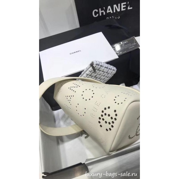 Chanel Eyelet Calfskin Drawstring Bucket Bag AS0304 White 2019 Collection