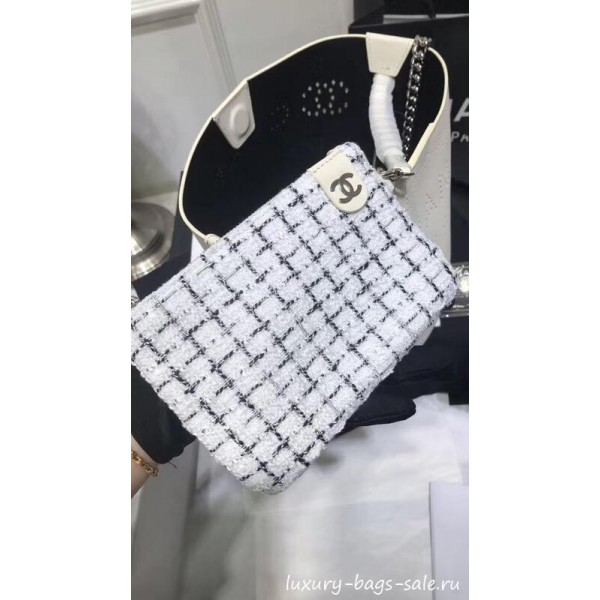 Chanel Eyelet Calfskin Drawstring Bucket Bag AS0304 White 2019 Collection