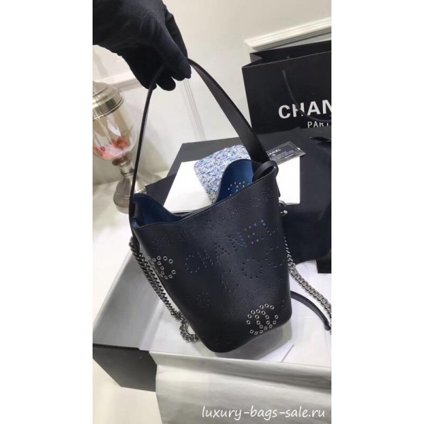 Chanel Eyelet Calfskin Drawstring Bucket Bag AS0304 Black 2019 Collection