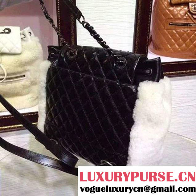 Chane Black Calfskin and Shearling Backpack A92976 Paris-Salzburg 2015 (2a136-071324 )