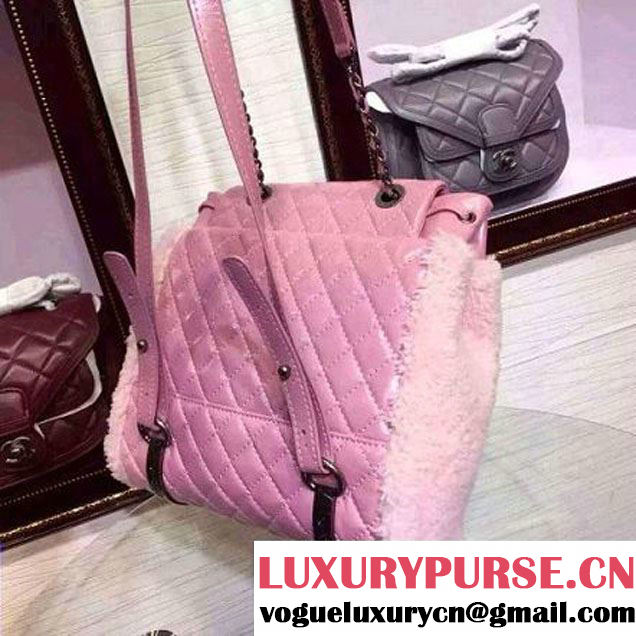 Chane Pink Calfskin and Shearling Backpack A92976 Paris-Salzburg 2015 (2a136-080709 )