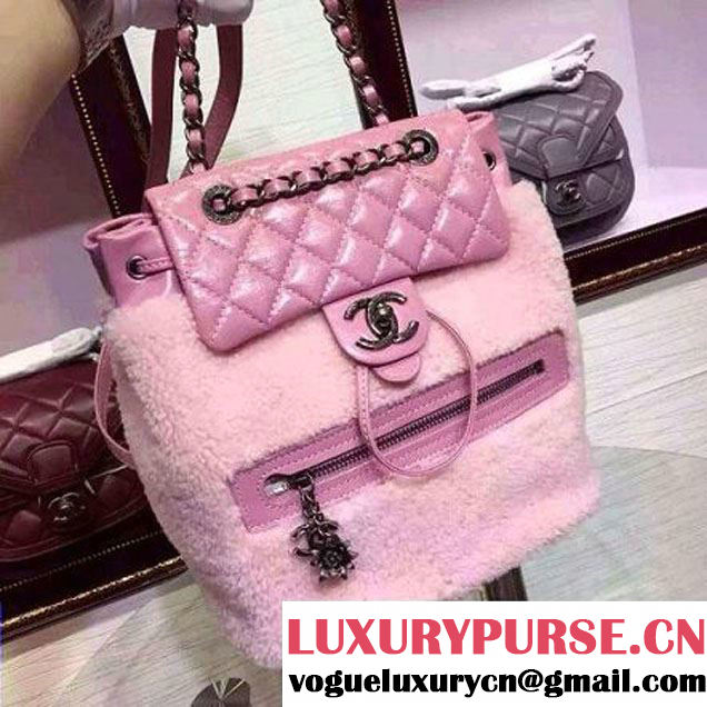 Chane Pink Calfskin and Shearling Backpack A92976 Paris-Salzburg 2015 (2a136-080709 )