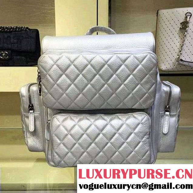 Chanel Grained Calfskin Pocket Backpack Silver SS 2016 (2A143-6042710 )