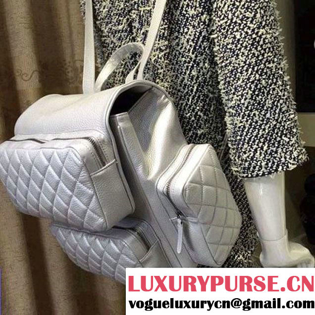 Chanel Grained Calfskin Pocket Backpack Silver SS 2016 (2A143-6042710 )