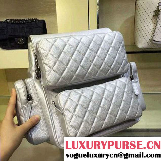 Chanel Grained Calfskin Pocket Backpack Silver SS 2016 (2A143-6042710 )
