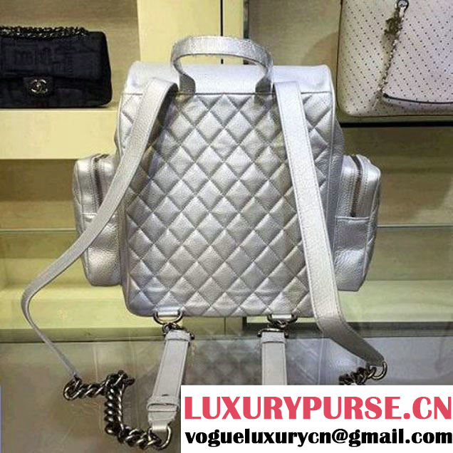 Chanel Grained Calfskin Pocket Backpack Silver SS 2016 (2A143-6042710 )