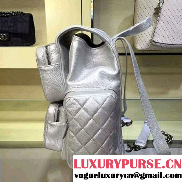 Chanel Grained Calfskin Pocket Backpack Silver SS 2016 (2A143-6042710 )