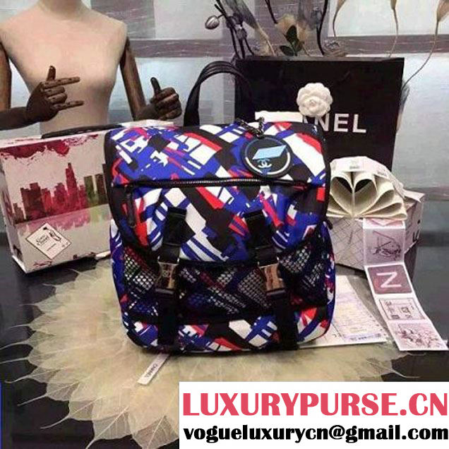 Chanel Printed Nelon and Mesh Backpack Blue/Red Spring-Summer 2016 (2a057-6060449 )