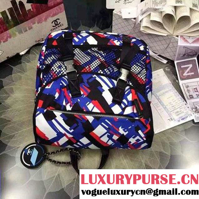 Chanel Printed Nelon and Mesh Backpack Blue/Red Spring-Summer 2016 (2a057-6060449 )