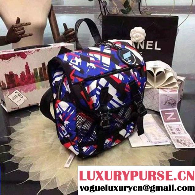 Chanel Printed Nelon and Mesh Backpack Blue/Red Spring-Summer 2016 (2a057-6060449 )