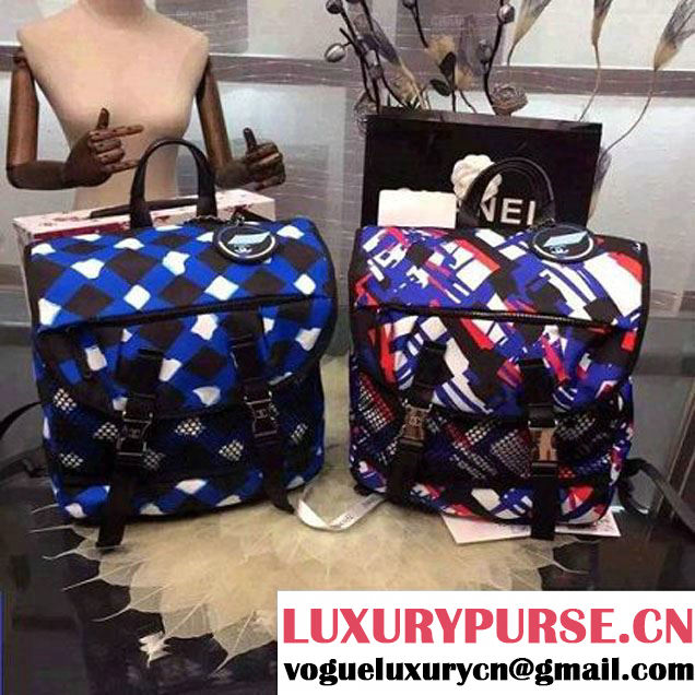 Chanel Printed Nelon and Mesh Backpack Blue/Red Spring-Summer 2016 (2a057-6060449 )
