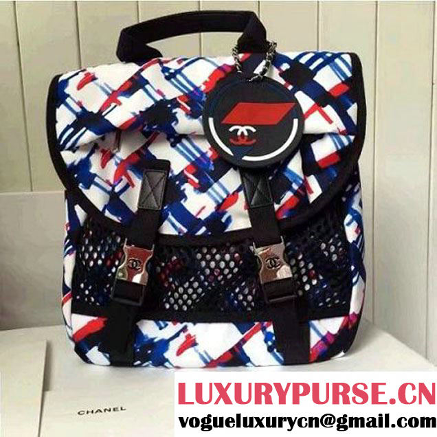 Chanel White/Blue/Red/Black Printed Nylon and Mesh Backpack Bag 2016 (KN-6091803 )