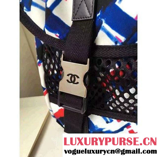 Chanel White/Blue/Red/Black Printed Nylon and Mesh Backpack Bag 2016 (KN-6091803 )