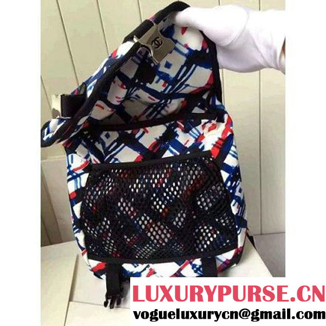 Chanel White/Blue/Red/Black Printed Nylon and Mesh Backpack Bag 2016 (KN-6091803 )