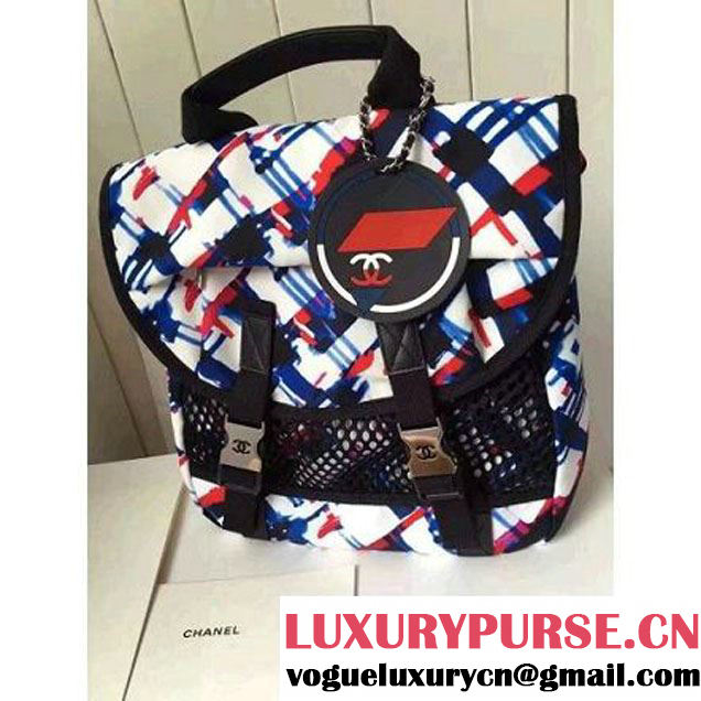 Chanel White/Blue/Red/Black Printed Nylon and Mesh Backpack Bag 2016 (KN-6091803 )