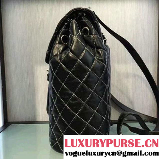Chanel Quilting Calfskin With White Threading Backpack Black 2016 (2A143-6111721 )