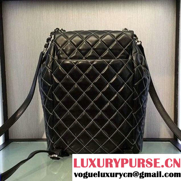Chanel Quilting Calfskin With White Threading Backpack Black 2016 (2A143-6111721 )