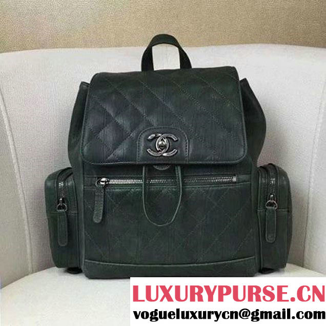 Chanel Crumpled Calfskin Backpack Pocket Bag A91430 Deep Green 2017 (2A143-6120503 )