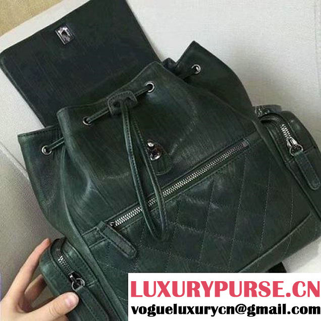 Chanel Crumpled Calfskin Backpack Pocket Bag A91430 Deep Green 2017 (2A143-6120503 )