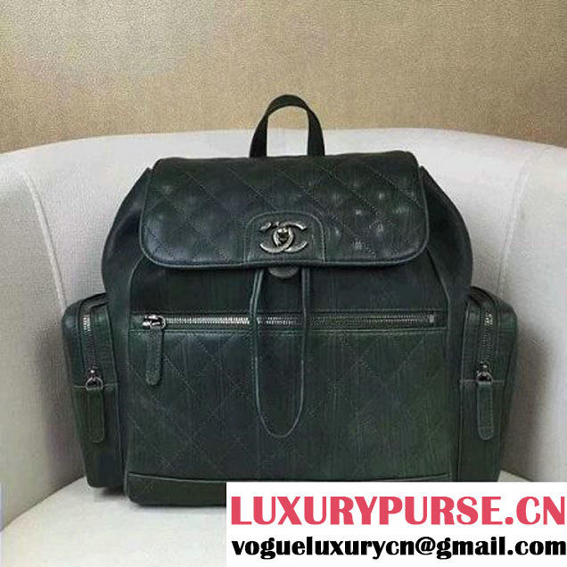 Chanel Crumpled Calfskin Medium Backpack Pocket Bag A91431 Deep Green 2017 (2A143-6120505 )