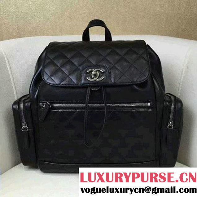 Chanel Calfskin Medium Backpack Pocket Bag A91431 Black 2017 (2A143-6120506 )