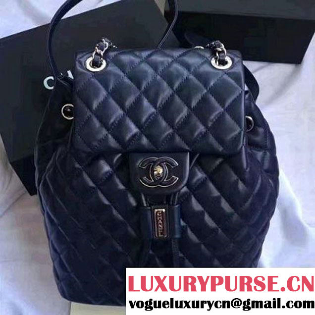 Chanel Quilted Calfskin Backpack With Threading Navy Blue F/W 2016 (1A145-7010425 )