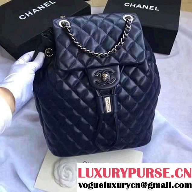 Chanel Quilted Calfskin Backpack With Threading Navy Blue F/W 2016 (1A145-7010425 )