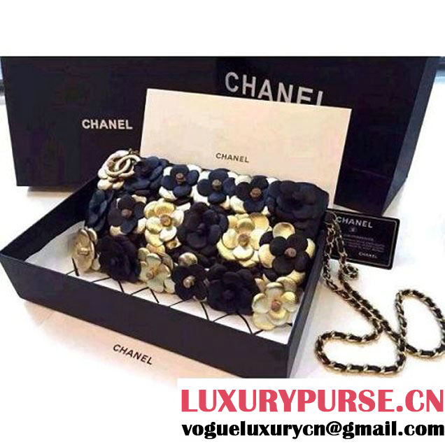 Chanel Lambskin and Calfskin Clutch Embellished With Black Hand-Stitched Camellias (2B019-3261 )