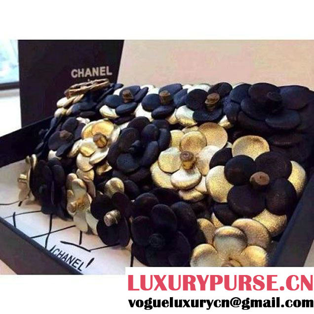 Chanel Lambskin and Calfskin Clutch Embellished With Black Hand-Stitched Camellias (2B019-3261 )