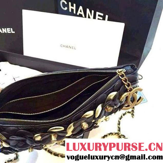 Chanel Lambskin and Calfskin Clutch Embellished With Black Hand-Stitched Camellias (2B019-3261 )