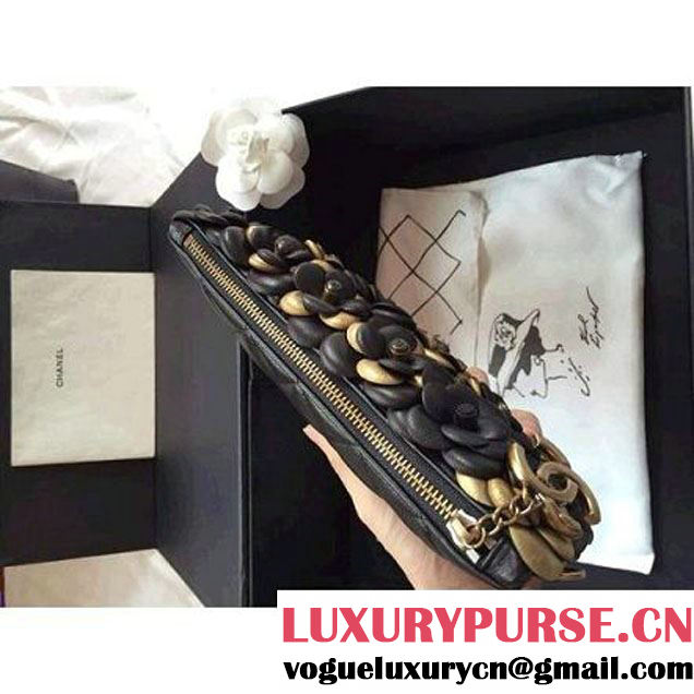 Chanel Lambskin and Calfskin Clutch Embellished With Black Hand-Stitched Camellias (2B019-3261 )